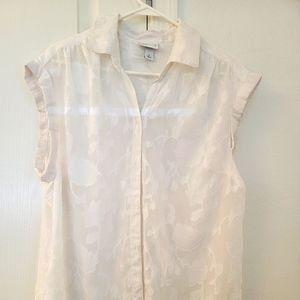 Simple Whit Floral Pattern Sleeveless Button Down Collar Shirt - Ava & Viv - XL